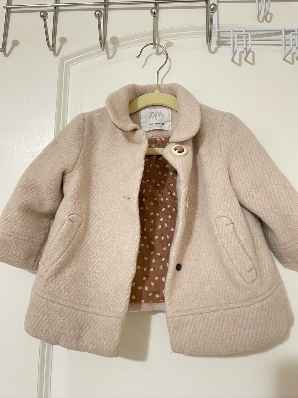 Zara Cream Girls' Pea Coat with Patterned Lining
